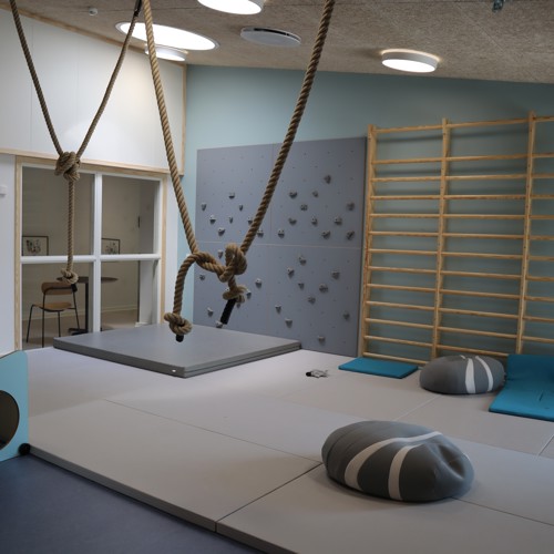 Billedet viser motorikrummet med klatrevæg, ribber og klatretov.